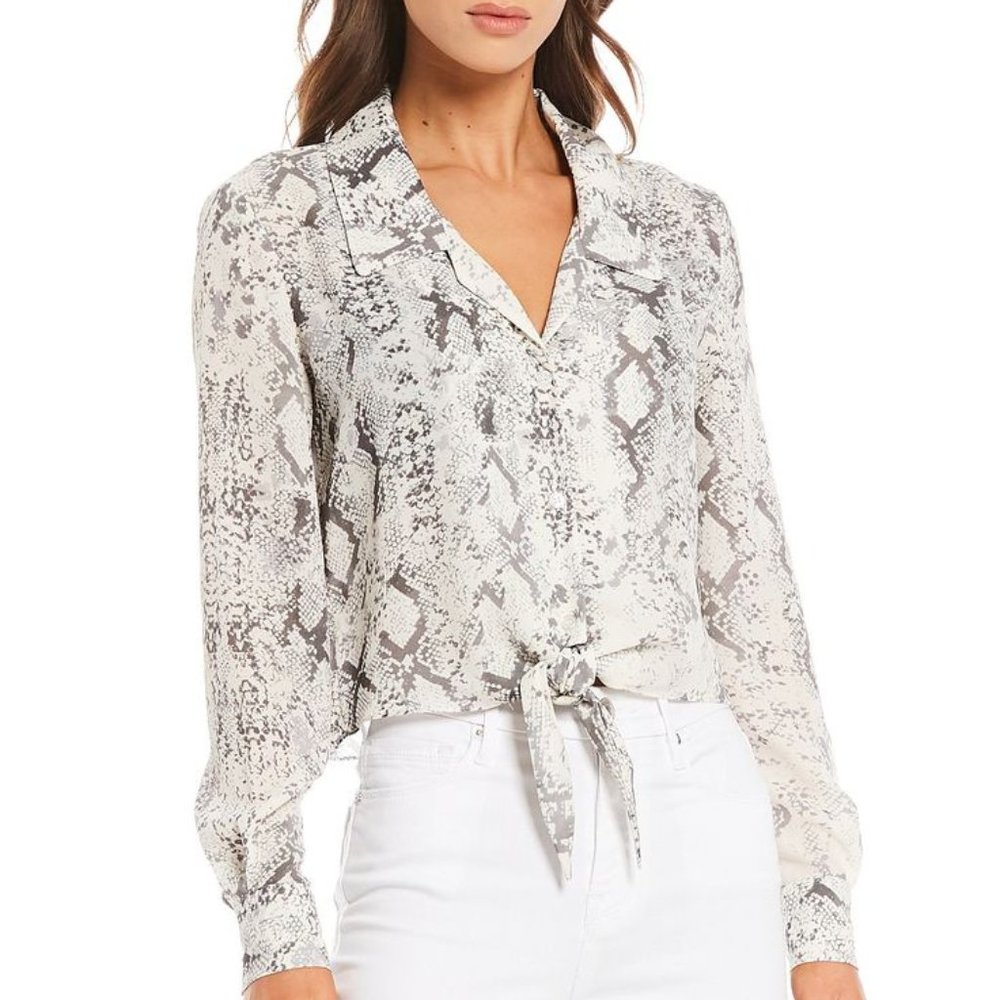 Gianni Bini Rebecca Snake Print Polyester Button Front Tie Hem Blouse - Size Med